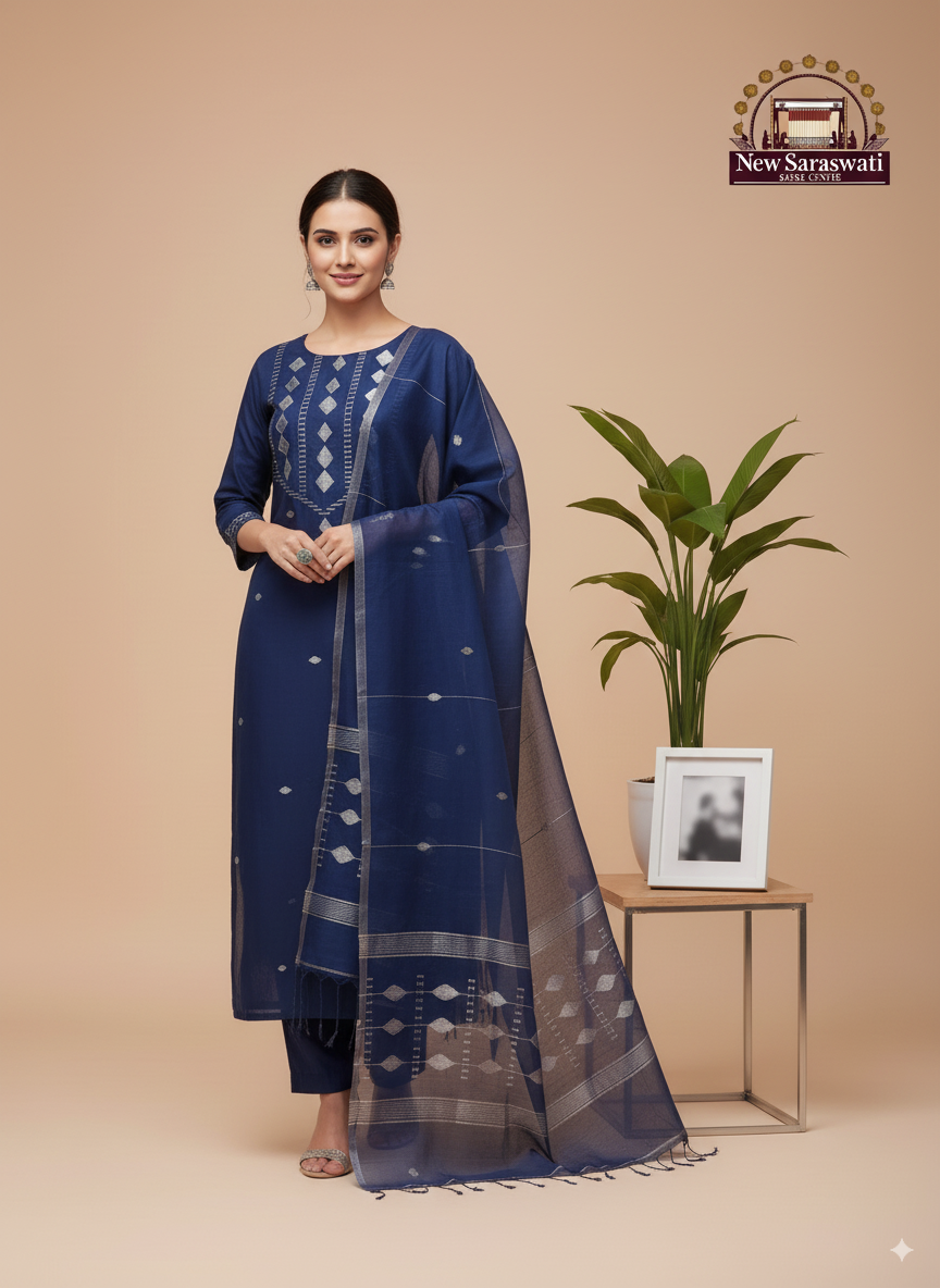 Premium Handwoven Cotton Jamdani Suit Set with Delicate Neck Work – Unstitched (2-Piece) - Navy blue