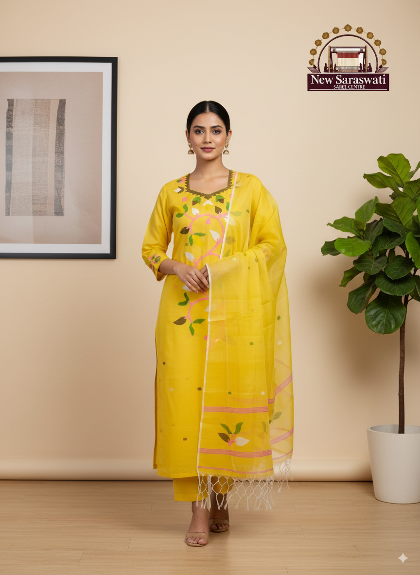 Handwoven Muslin Jamdani Suit Set Unstitched (2-Piece) - Gorges Yeallow