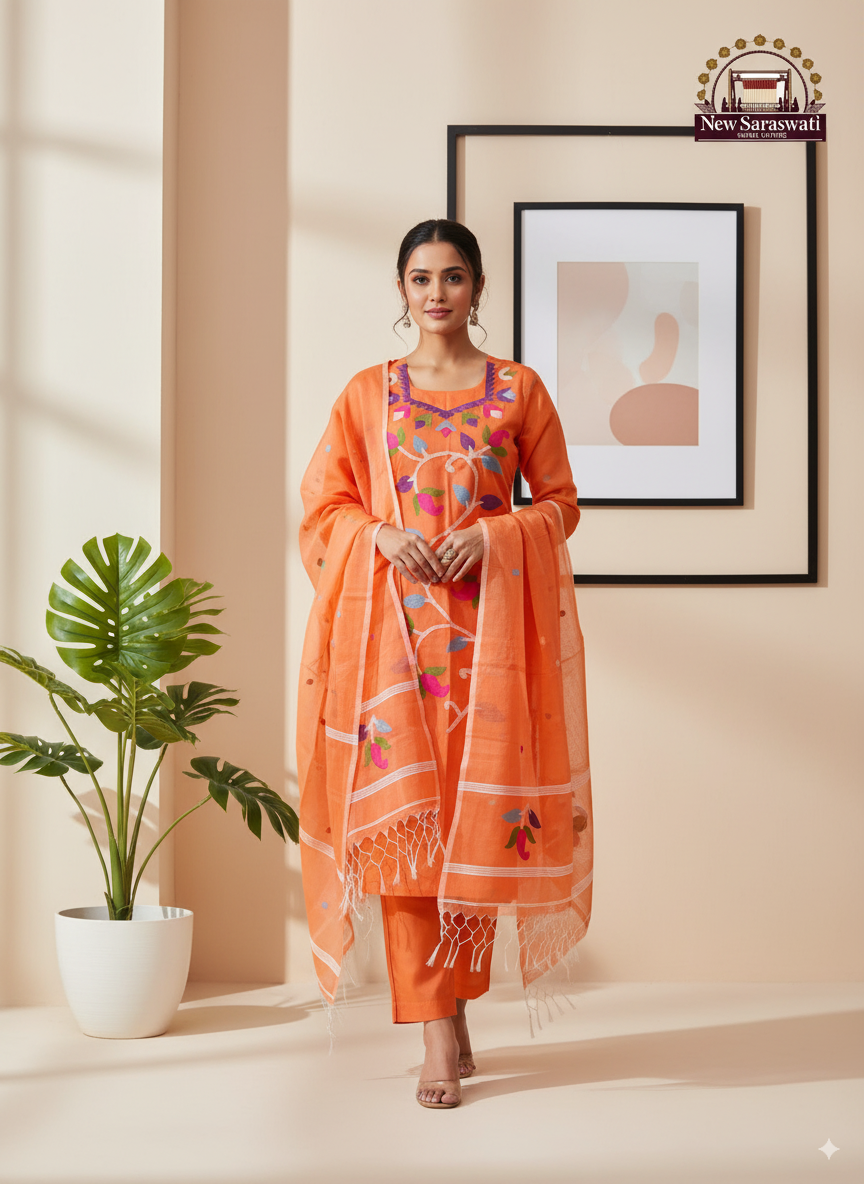 Handwoven Muslin Jamdani Suit Set Unstitched (2-Piece) - Elegant Orange