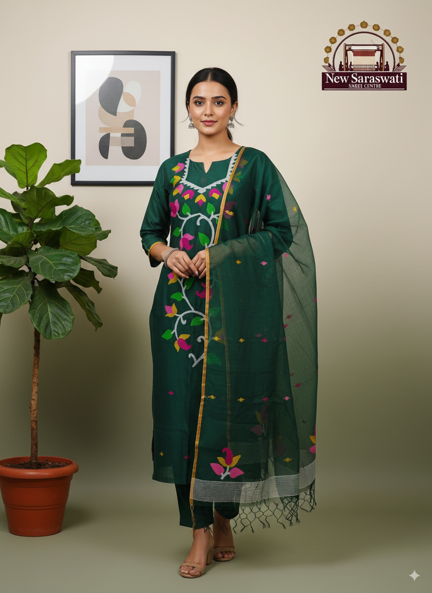 Handwoven Muslin Jamdani Suit Set Unstitched (2-Piece) - Bottle Green