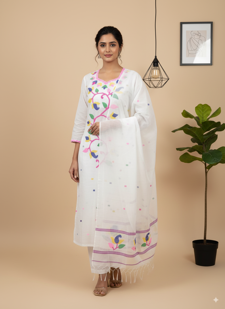 Handwoven Muslin Jamdani Suit Set Unstitched (2-Piece) - Milky White