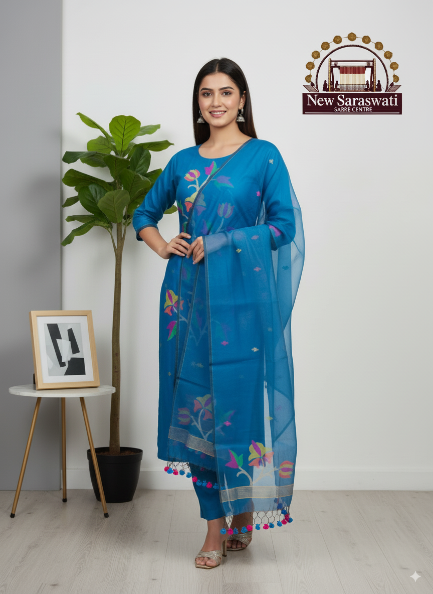 Timeless Handwoven Muslin Jamdani Suit Set Unstitched 2-Piece - Turquise Blue