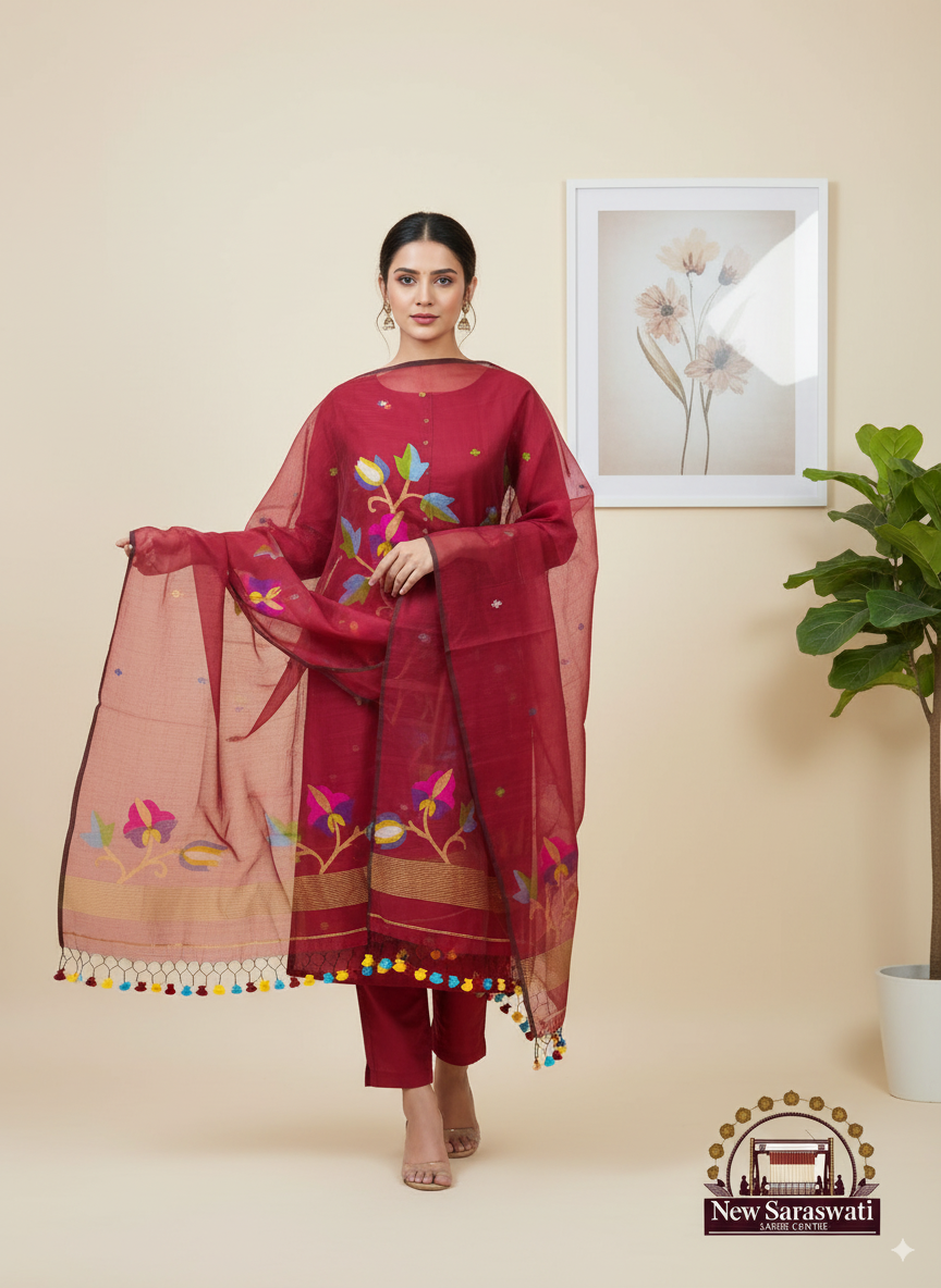 Timeless Handwoven Muslin Jamdani Suit Set Unstitched 2-Piece - Elegant Red