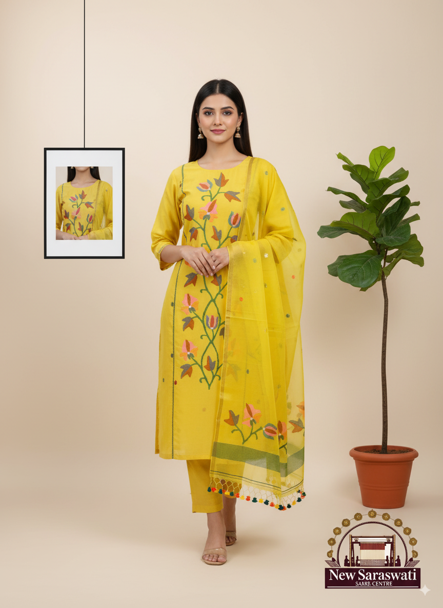 Timeless Handwoven Muslin Jamdani Suit Set Unstitched 2-Piece - Elegant Yellow