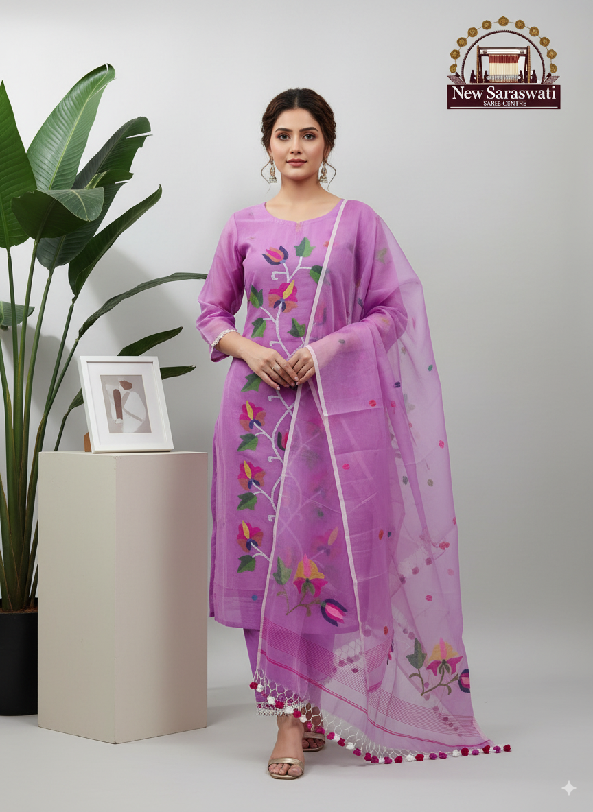 Timeless Handwoven Muslin Jamdani Suit Set Unstitched 2-Piece - Lavender pink