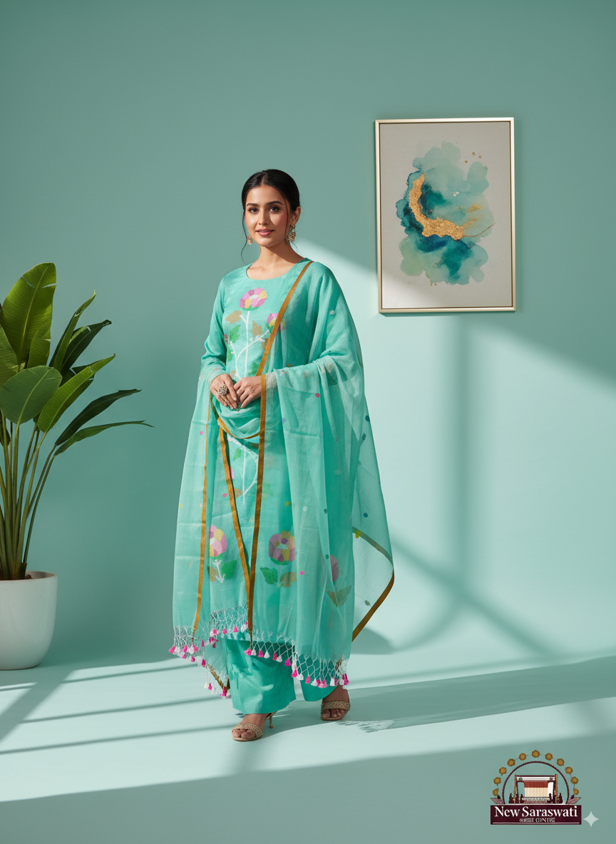 Exquisite Handwoven Muslin Jamdani Suit Set Unstitched 2-Piece - Aqua Blue