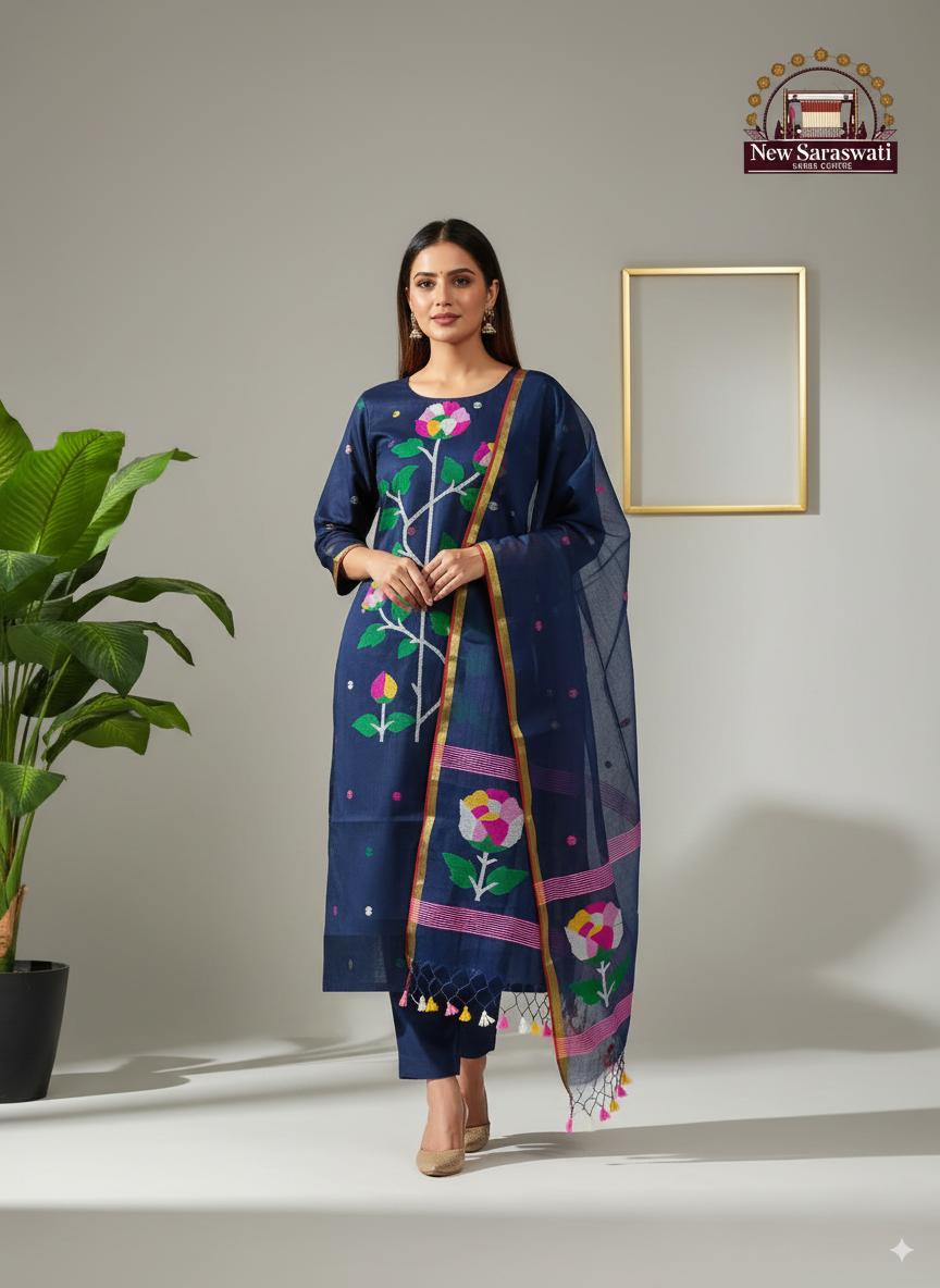 Exquisite Handwoven Muslin Jamdani Suit Set Unstitched 2-Piece - Navy Blue