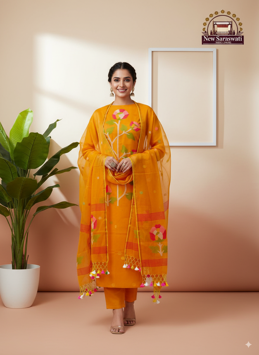 Exquisite Handwoven Muslin Jamdani Suit Set Unstitched 2-Piece - Mustard yellow