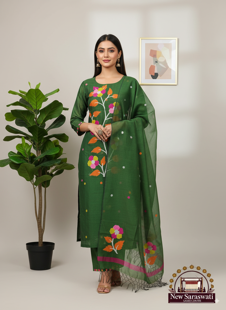 Exquisite Handwoven Muslin Jamdani Suit Set Unstitched 2-Piece - Bottle Green