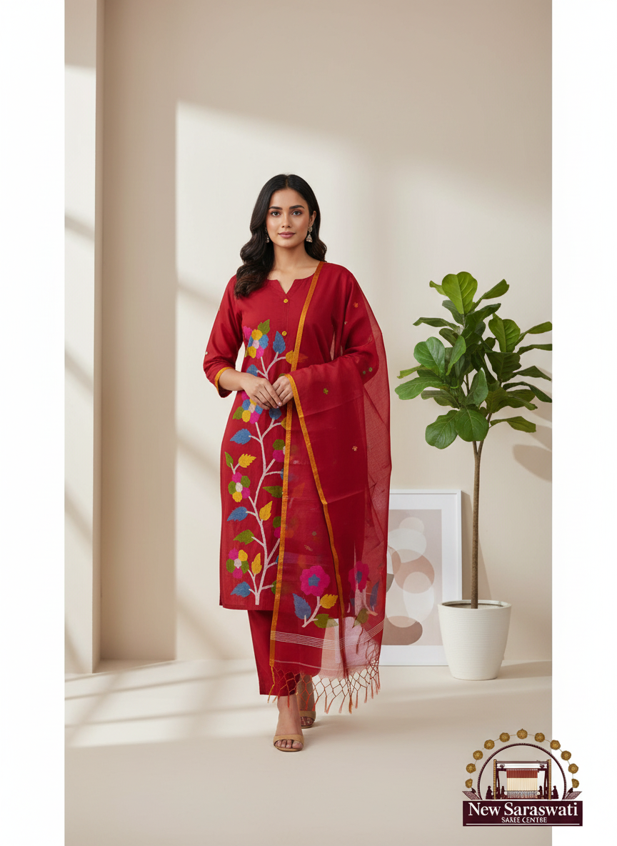Exquisite Handwoven Muslin Jamdani Suit Set Unstitched 2-Piece -Dark Red