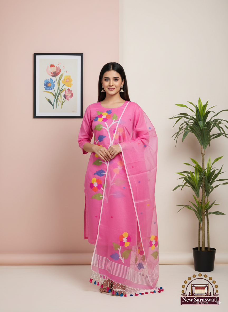 Exquisite Handwoven Muslin Jamdani Suit Set Unstitched 2-Piece -Baby pink
