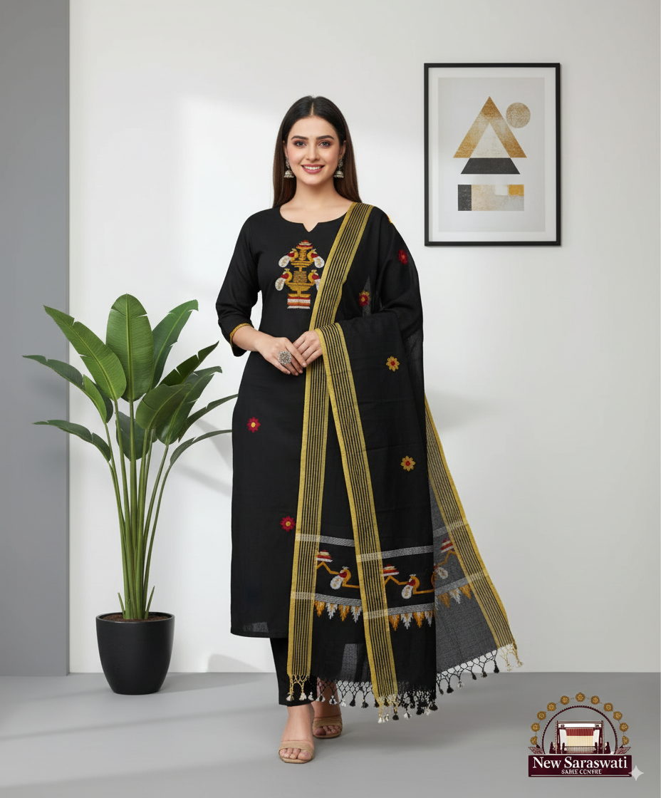 Handwoven Cotton Jamdani Suit Set – Unstitched (2-Piece) - Gratfull Black