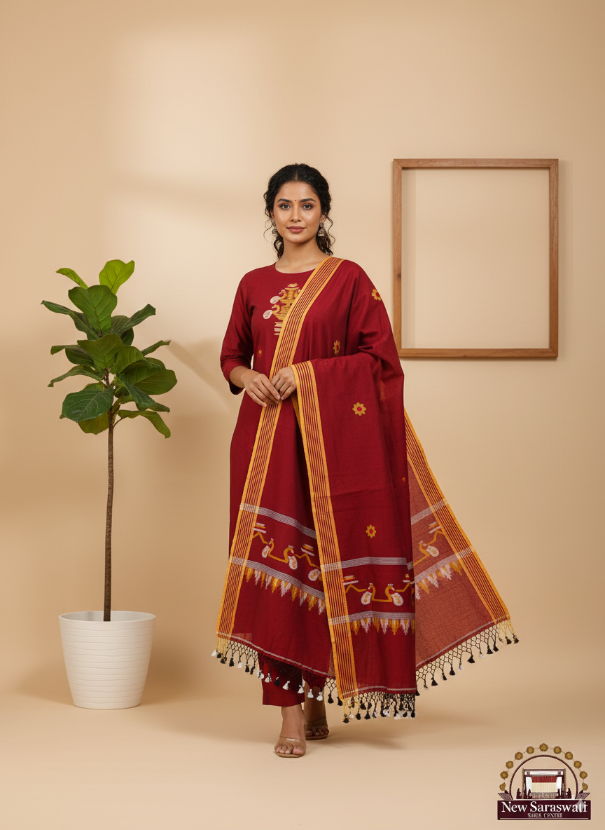 Handwoven Cotton Jamdani Suit Set – Unstitched (2-Piece) - Bride Red