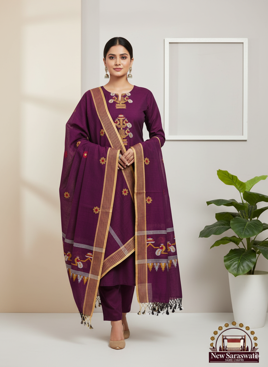 Handwoven Cotton Jamdani Suit Set – Unstitched (2-Piece) - Elegant Purple