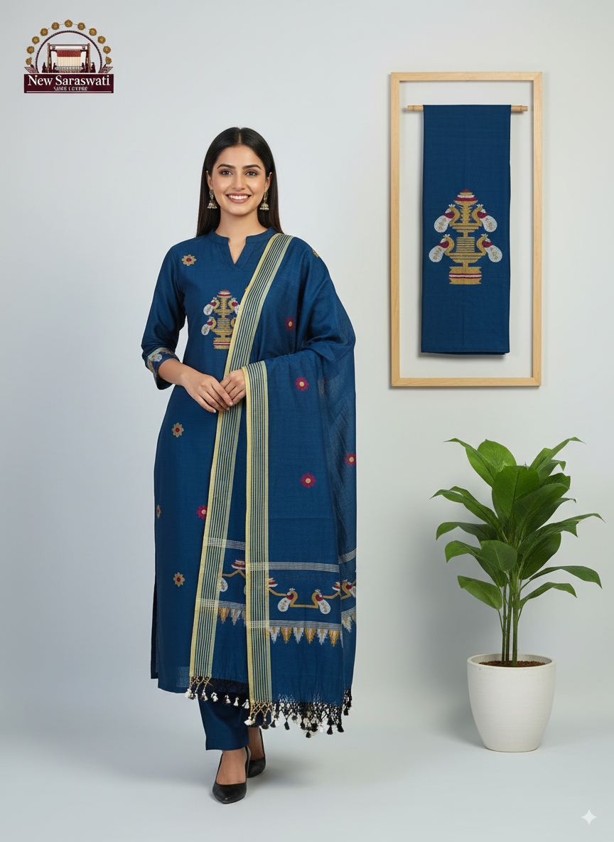 Handwoven Cotton Jamdani Suit Set – Unstitched (2-Piece) - Pecock Blue