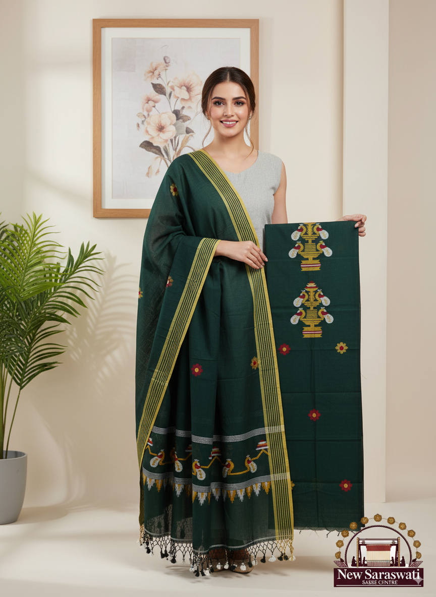 Handwoven Cotton Jamdani Suit Set – Unstitched (2-Piece) - Bottle Green