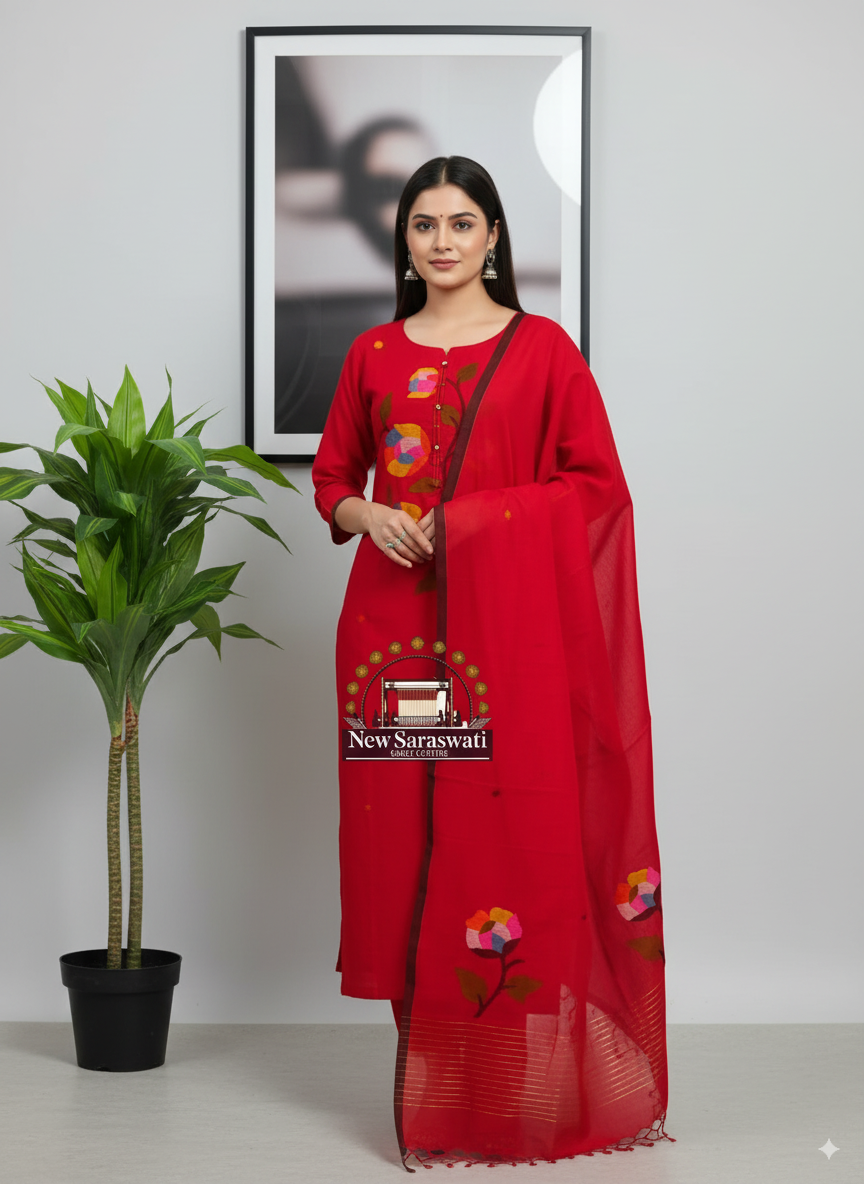 Pure Handwoven Soft Cotton Jamdani Suit – Unstitched (2-Piece) with Neck Work - Elegant Red -