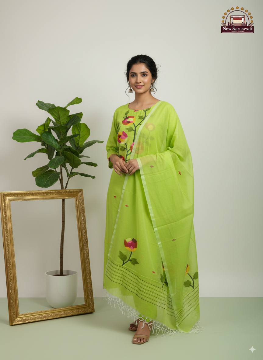 Pure Handwoven Soft Cotton Jamdani Suit – Unstitched (2-Piece) with Neck Work - Parot Green