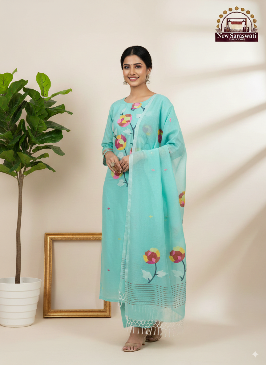 Pure Handwoven Soft Cotton Jamdani Suit – Unstitched (2-Piece) with Neck Work - Sky Blue