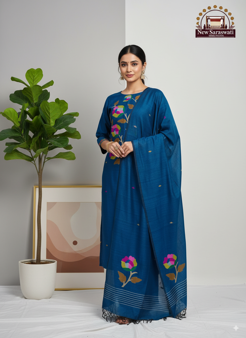 Pure Handwoven Soft Cotton Jamdani Suit – Unstitched (2-Piece) with Neck Work -Pecock Blue