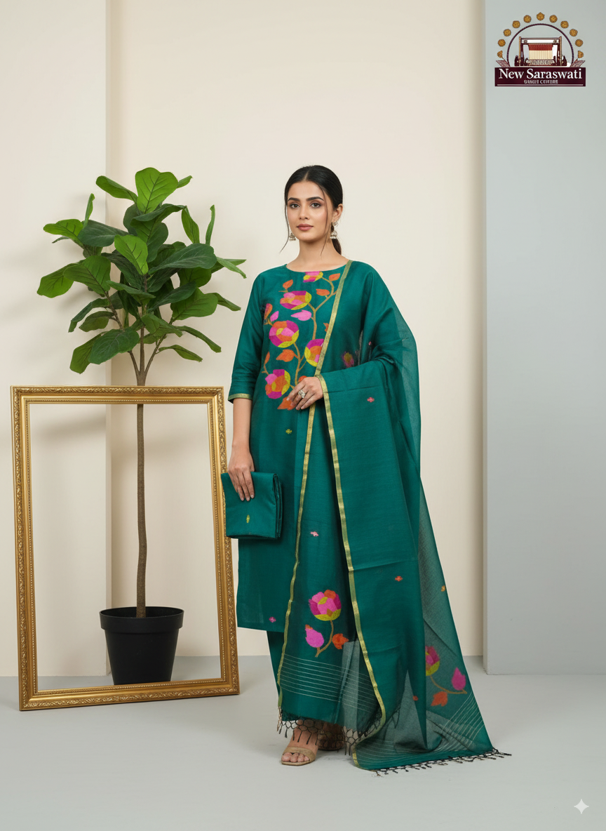 Pure Handwoven Soft Cotton Jamdani Suit – Unstitched (2-Piece) with Neck Work - Elegant Dark Green
