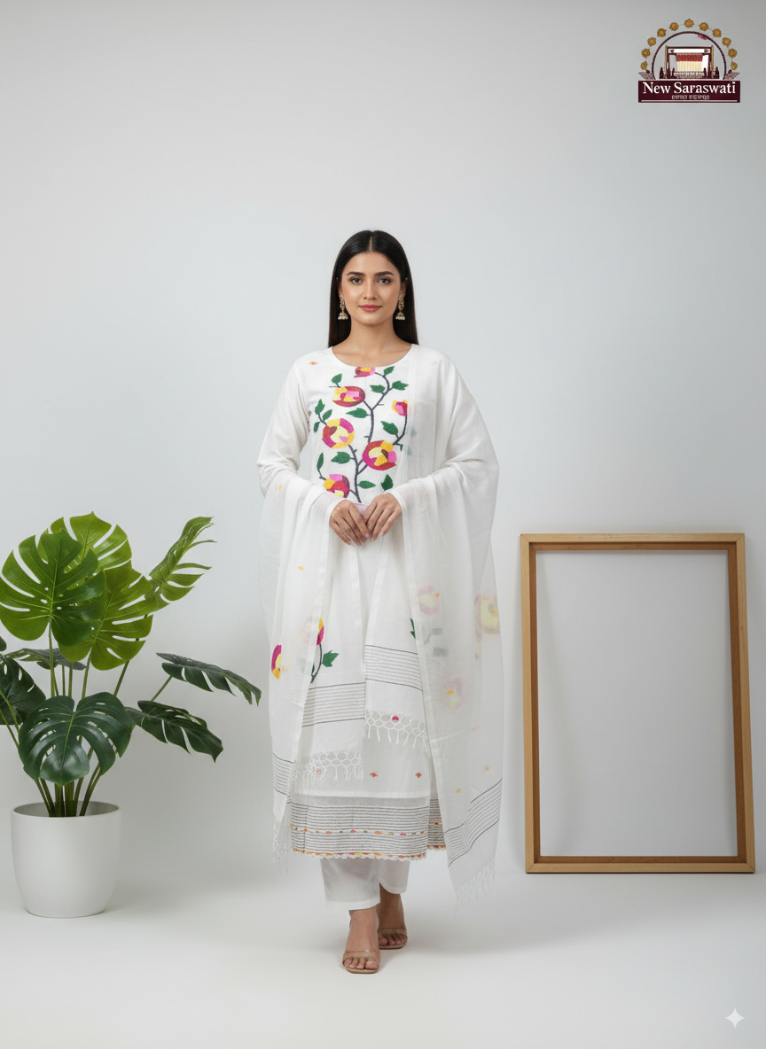 Pure Handwoven Soft Cotton Jamdani Suit – Unstitched (2-Piece) with Neck Work - Milky White