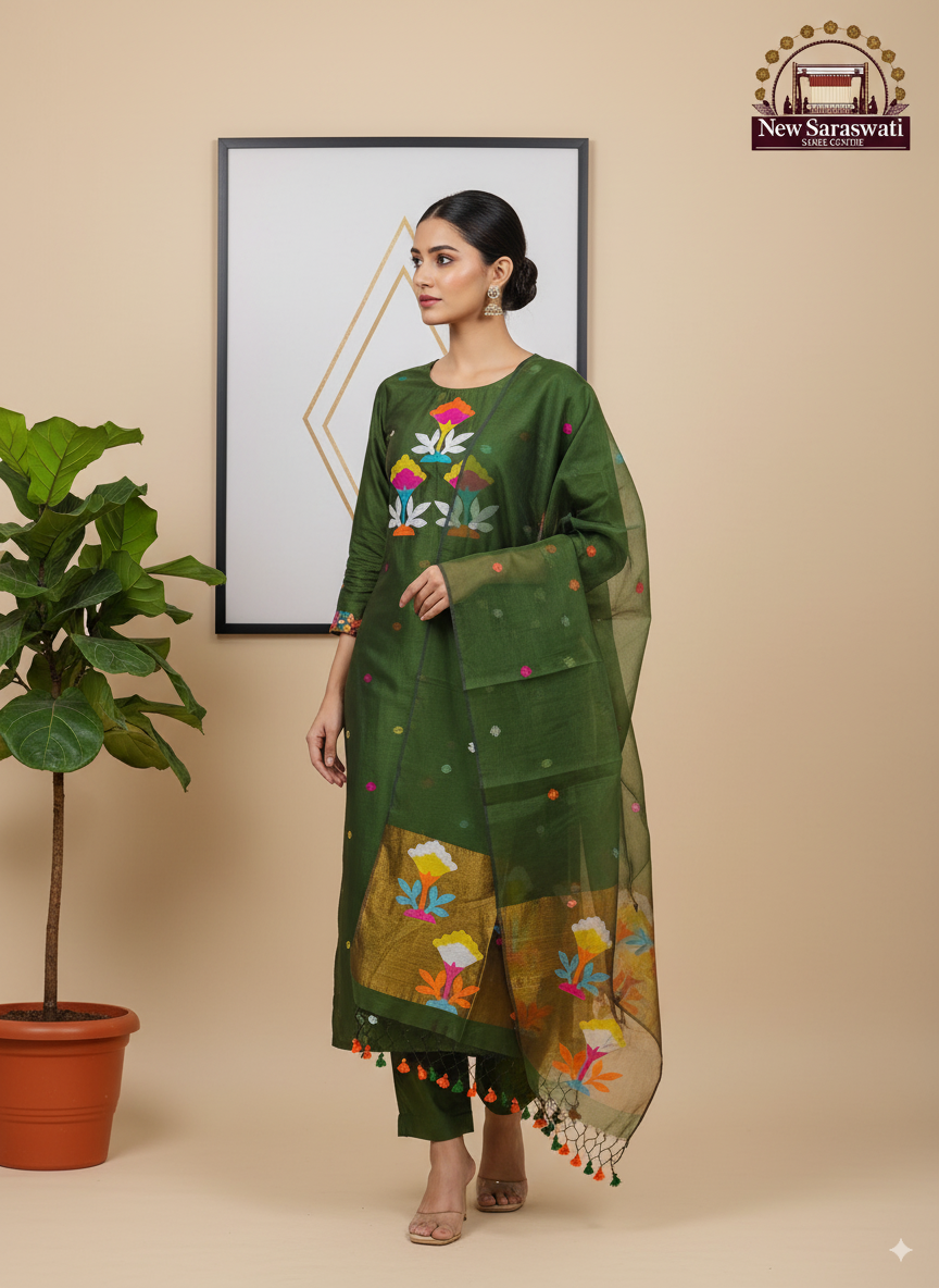 Heritage Handwoven Soft Muslin Paithani Jamdani Suit – Neck Work | Unstitched (2-Piece) - Elegant Bottle Green
