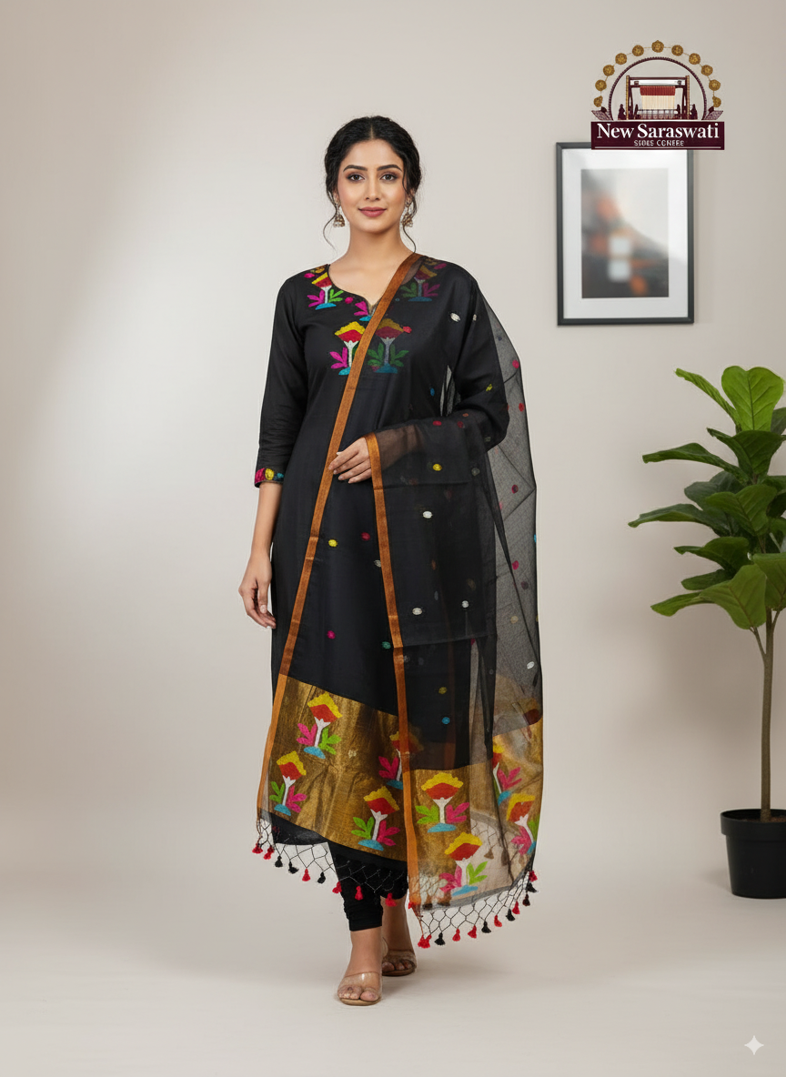Heritage Handwoven Soft Muslin Paithani Jamdani Suit – Neck Work | Unstitched (2-Piece) - Jet Black