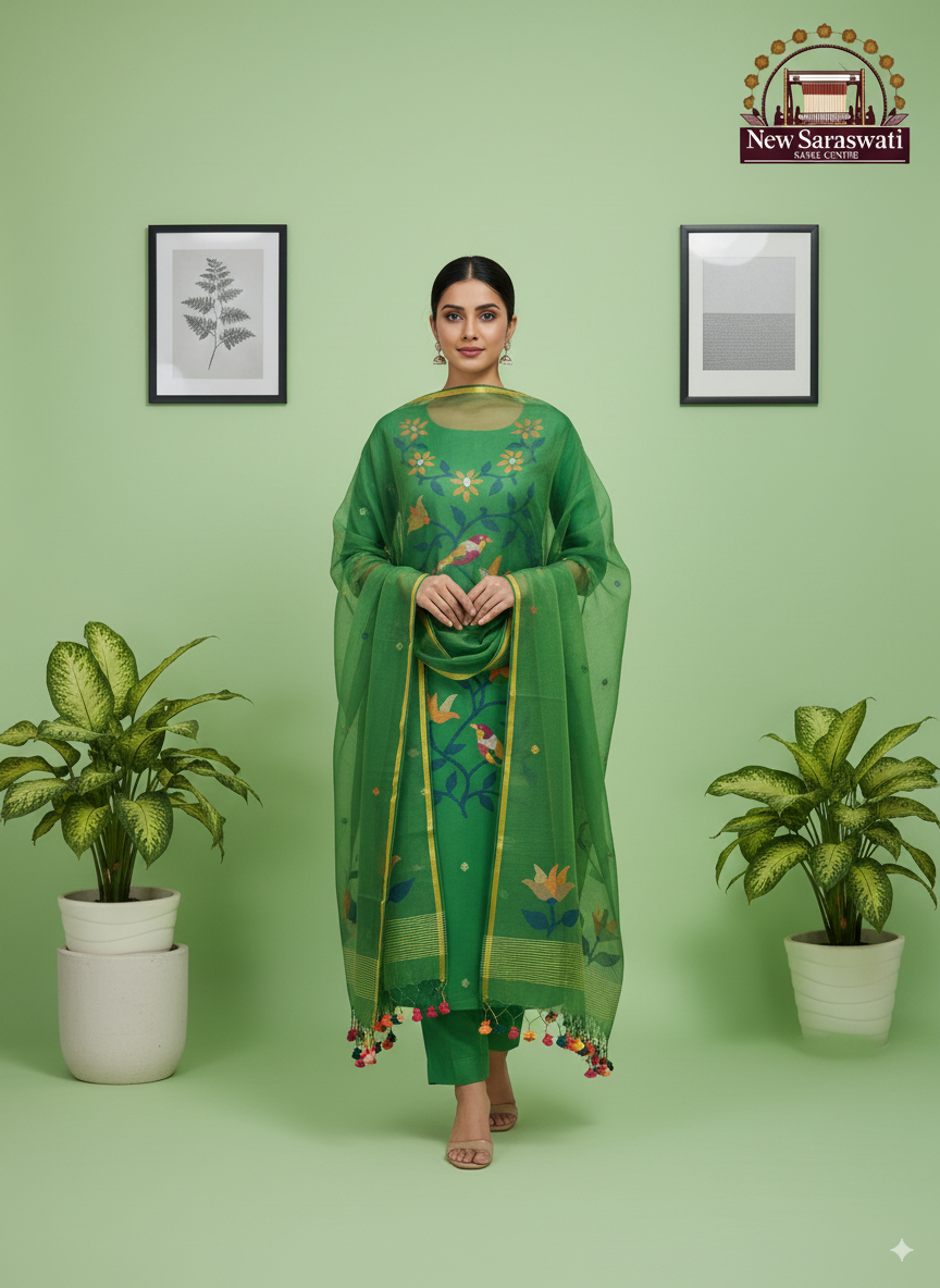 Artisan Handwoven Muslin Jamdani Suit with Exquisite Bird Neck Design Unstitched 2pice - Emerald Green